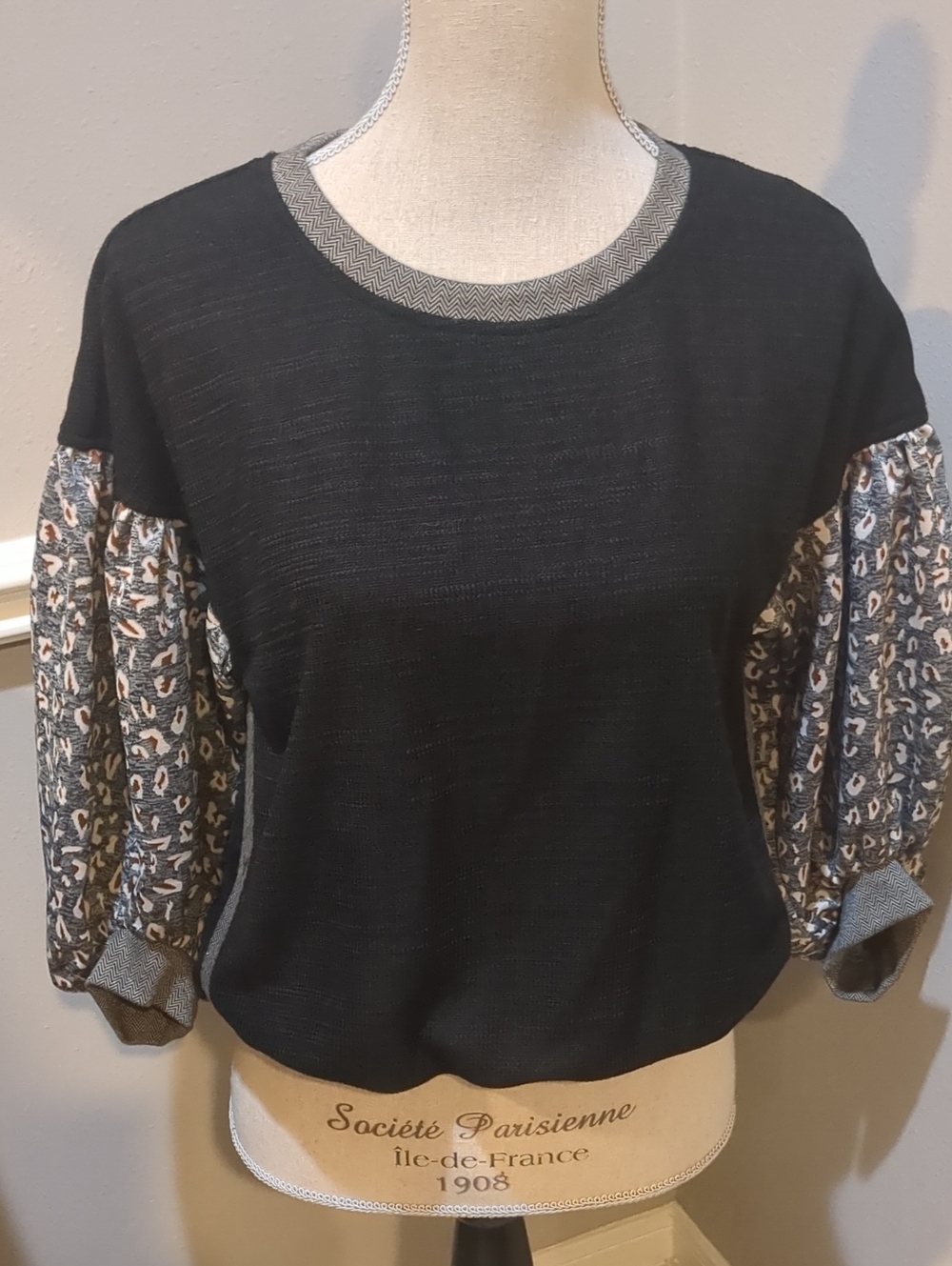 THML Black Pullover with Patterned Puff Sleeves
